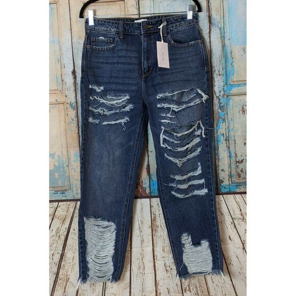 Cello Denim - Cello Womens Size 7 Blue Cotton Distressed High Rise Straight Denim Jeans